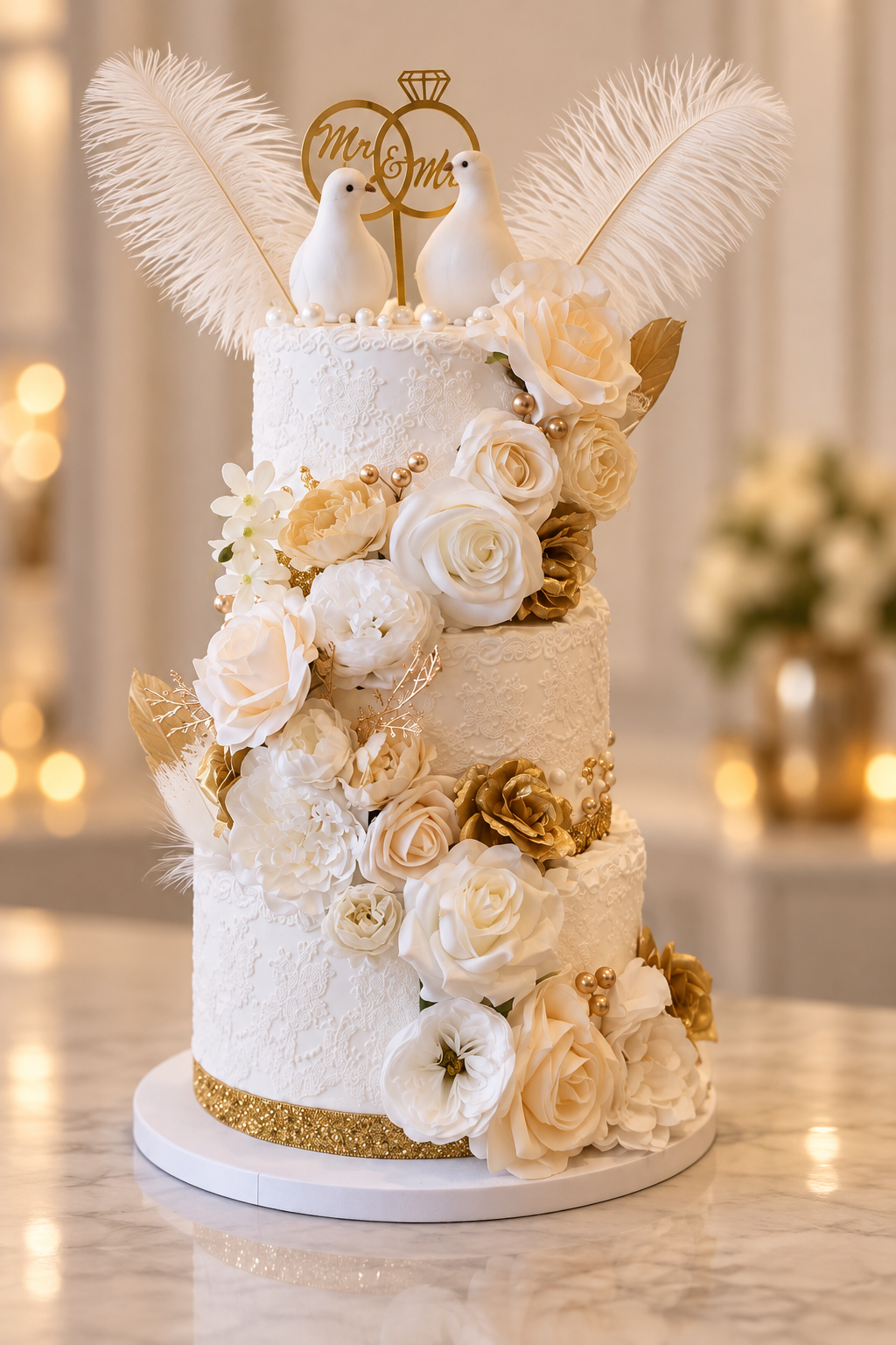 Luxury custom wedding cake with floral details for elegant wedding reception