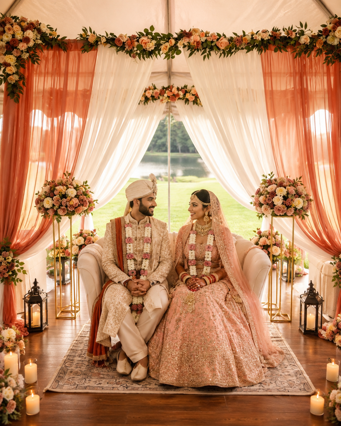 Indo-Pak-Afghan wedding decor with traditional ceremony backdrop and couple