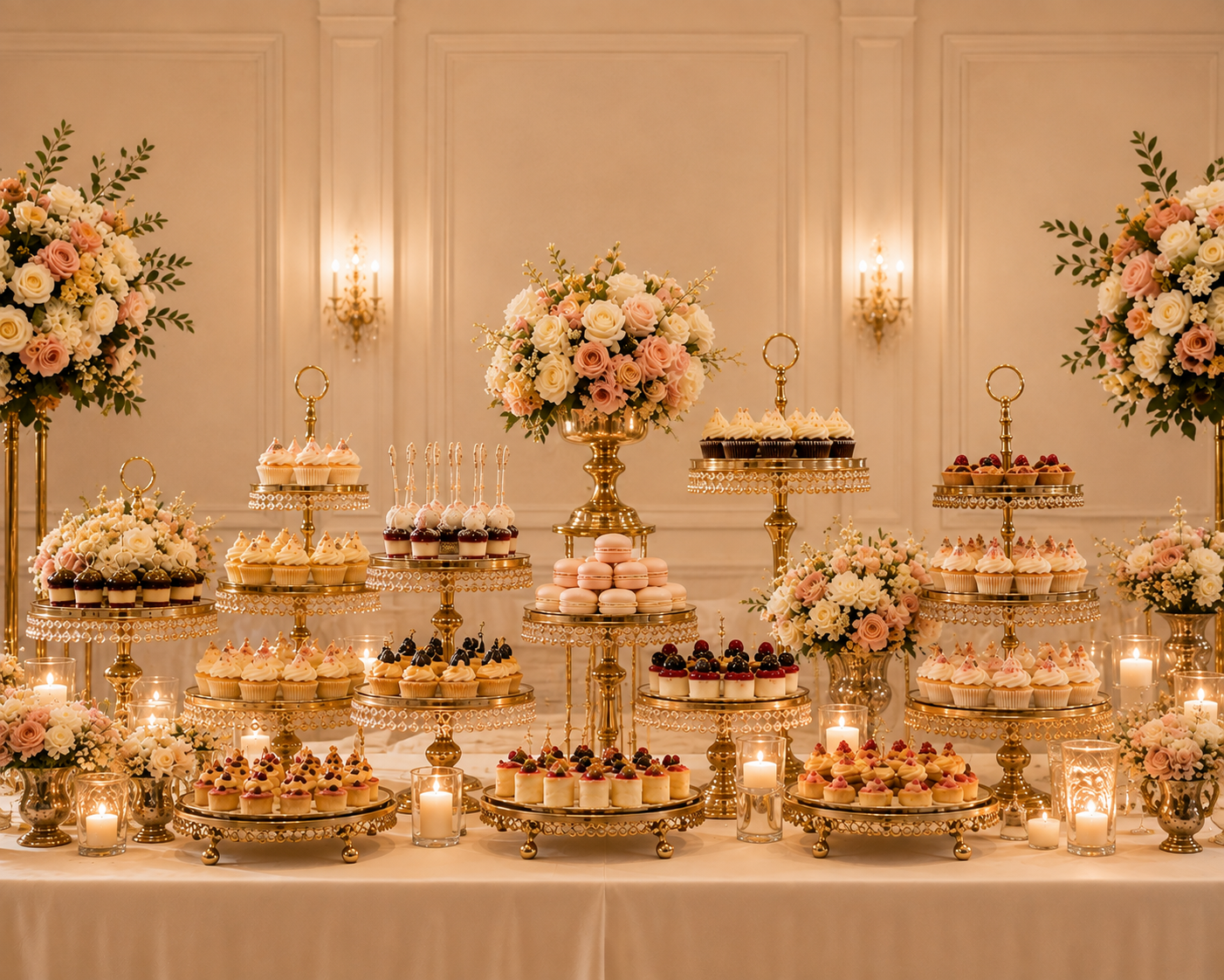 Elegant dessert buffet and sweet bar display for weddings and special events